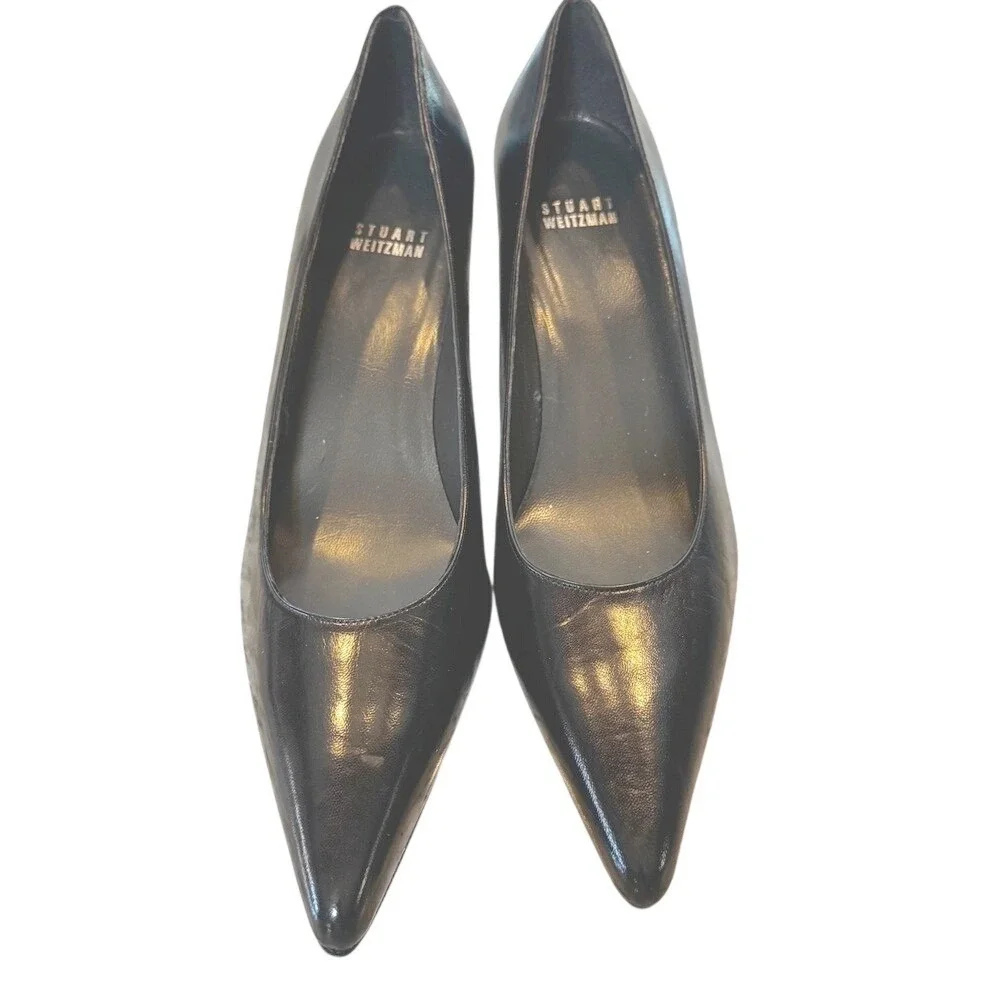 Stuart Weitzman Black Leather Pointed Toe Kitten Heel Pumps Size 9N